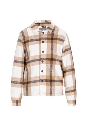 Chemise à carreaux crème, marron et beige. Fabriquée en tissu doux avec des manches longues et un col. Présente des boutons foncés et des lignes épurées.