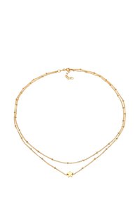 Collana a strati in oro con due catene, decorate con piccole perline rotonde e un ciondolo a forma di stella sulla catena inferiore. Chiusura regolabile per la misura.