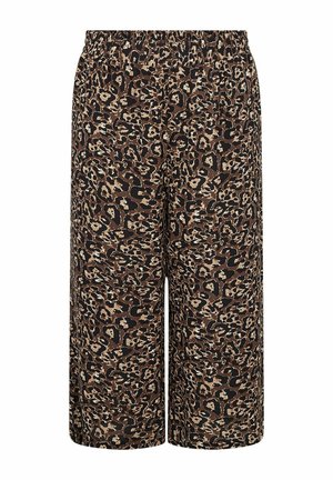 Kalhoty culotte s leopardím vzorem a elastickým pasem. Obsahují odstíny hnědé, béžové a černé v měkké, strukturované tkanině.