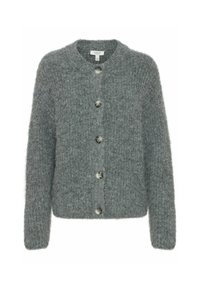 Cardigan grigio lavorato a maglia realizzato in materiale morbido, con colletto tondo, maniche lunghe e cinque grandi bottoni sul fronte.