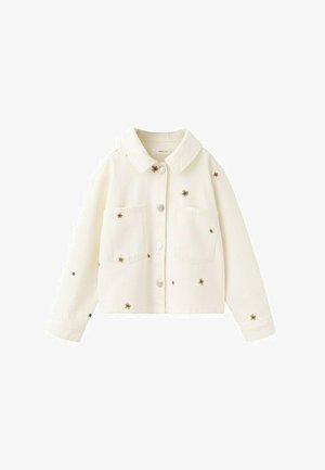 Off-white button-up jacket with collar, two front pockets, and small embroidered yellow and blue flowers scattered across fabric.
