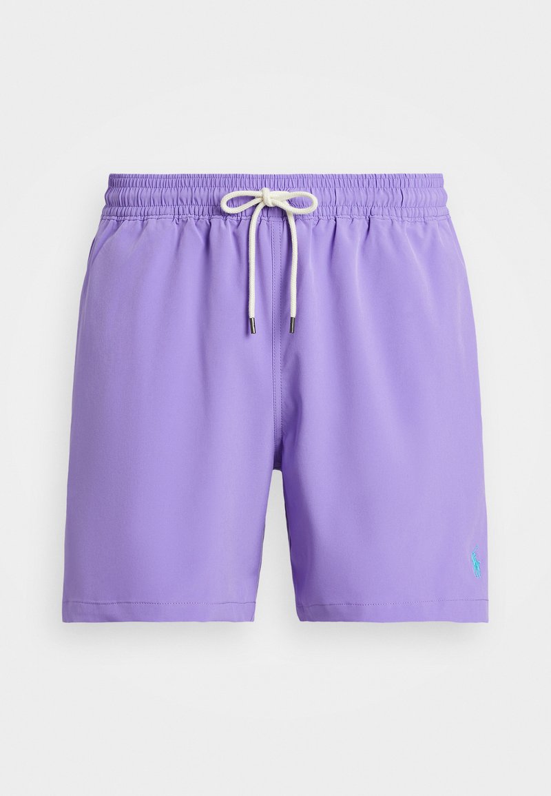 Vijolične kopalne hlače iz lahkega materiala, z elastičnim pasom, zavezovanjem na vrvico in majhnim logotipom na strani.