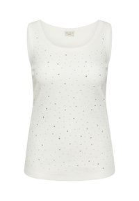 Weißes ärmelloses Tanktop mit Rundhalsausschnitt, das auf der Vorderseite verstreute silberne Verzierungen und eine figurbetonte Silhouette aufweist.