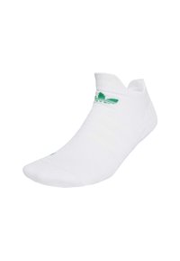 Vita fotledssocka med ribbat mönster, som har en grön broderad logotyp på fållen och en förstärkt tå för hållbarhet.