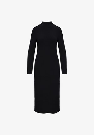 Schwarzes langärmeliges Kleid mit einem hohen Kragen, hergestellt aus einem glatten, dehnbaren Stoff. Figurbetonte Silhouette, knielanger Saum mit leichten seitlichen Schlitzen.