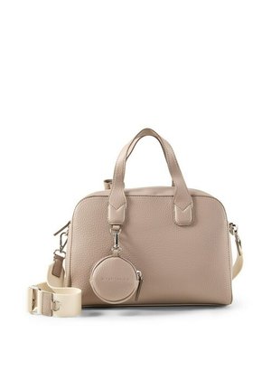 Sac à main en cuir beige avec double poignées, bandoulière crème amovible et petite pochette ronde pour pièces attachée à l'avant.