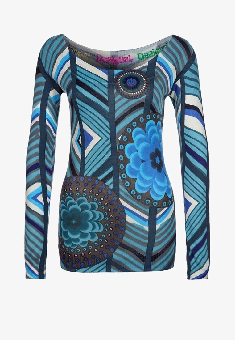Langärmliges Oberteil mit einem blauen, geometrischen Muster und floralen Details. Hergestellt aus elastischem Material mit weitem Ausschnitt und gerippter Struktur.