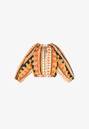 Long-sleeve cropped blouse in orange, black, and white fabric with geometric patterns, gathered neckline, and elasticized hem.