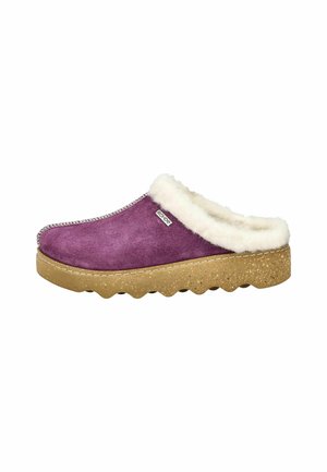 Purple suede clog with a white plush lining, featuring a contoured cork outsole and stitched detailing along the upper edge.