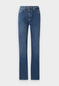 Jeans de mezclilla azul con un diseño de pierna recta, que presentan un estilo clásico de cinco bolsillos, cierre de cremallera y una cintura de altura media. Textura suave.