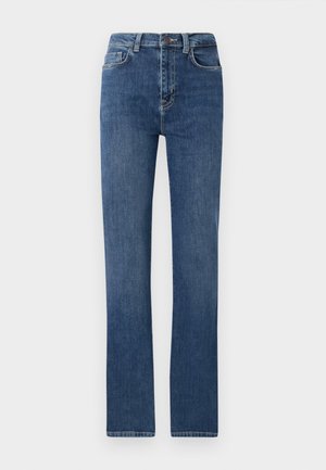 Blaue Jeans aus Denim mit geradem Bein, klassischem Fünf-Taschen-Stil, Reißverschluss und mittlerer Taille. Glatte Textur.