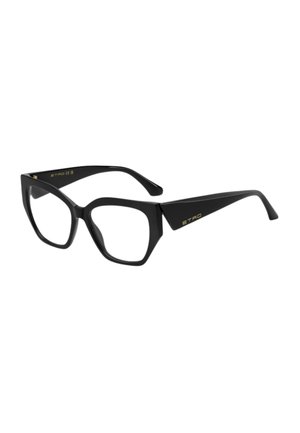 Montatura per occhiali a occhi di gatto nera con stanghette spesse e logo dorato "ETRO" sul lato.