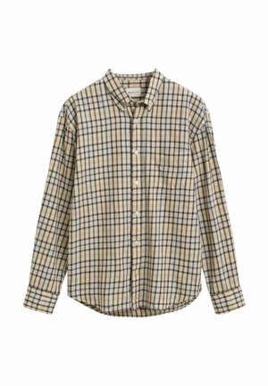 Karierter Button-Down-Shirt aus weichem Stoff. Es hat beigefarbene, blaue und braune Quadrate, eine Tasche auf der linken Seite und einen klassischen Kragen.