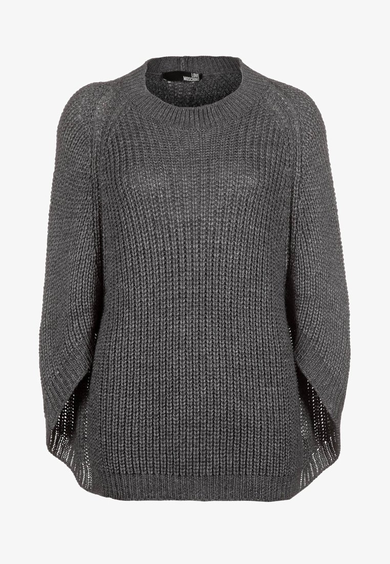 Pull en maille épaisse gris foncé avec encolure ronde et coupe ample, présentant une texture laineuse et des détails de maille ouverte sur les côtés.