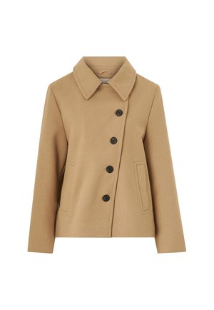 Giacca in misto lana di colore sabbia con collo a punte, cinque bottoni neri e due tasche laterali. Presenta una silhouette strutturata e una texture liscia.