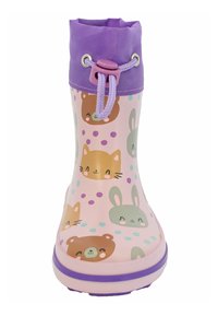 Botte de pluie en caoutchouc rose avec des visages d'animaux de dessin animé, des accents violets et des pois. Comprend un cordon de serrage violet en haut pour l'ajustement.