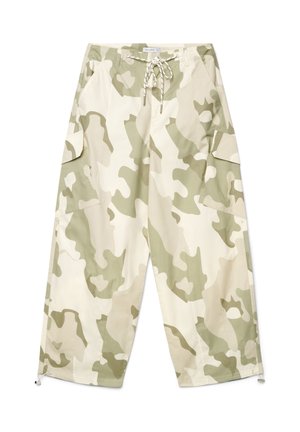Loose-fit cargo pants with beige and light green camouflage pattern, drawstring waist, side pockets, and adjustable ankle cuffs.