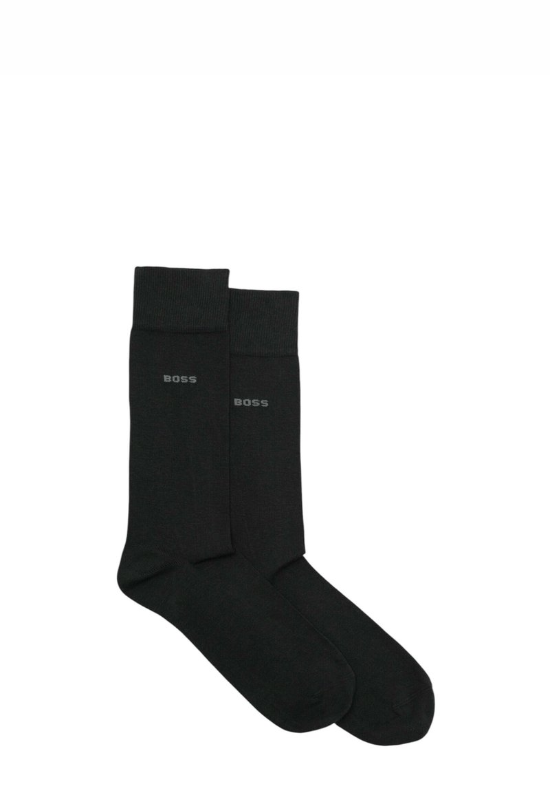Calzini neri in cotone con bordo a coste e logo grigio "BOSS". Texture liscia e design alla caviglia. Stile classico e minimalista.
