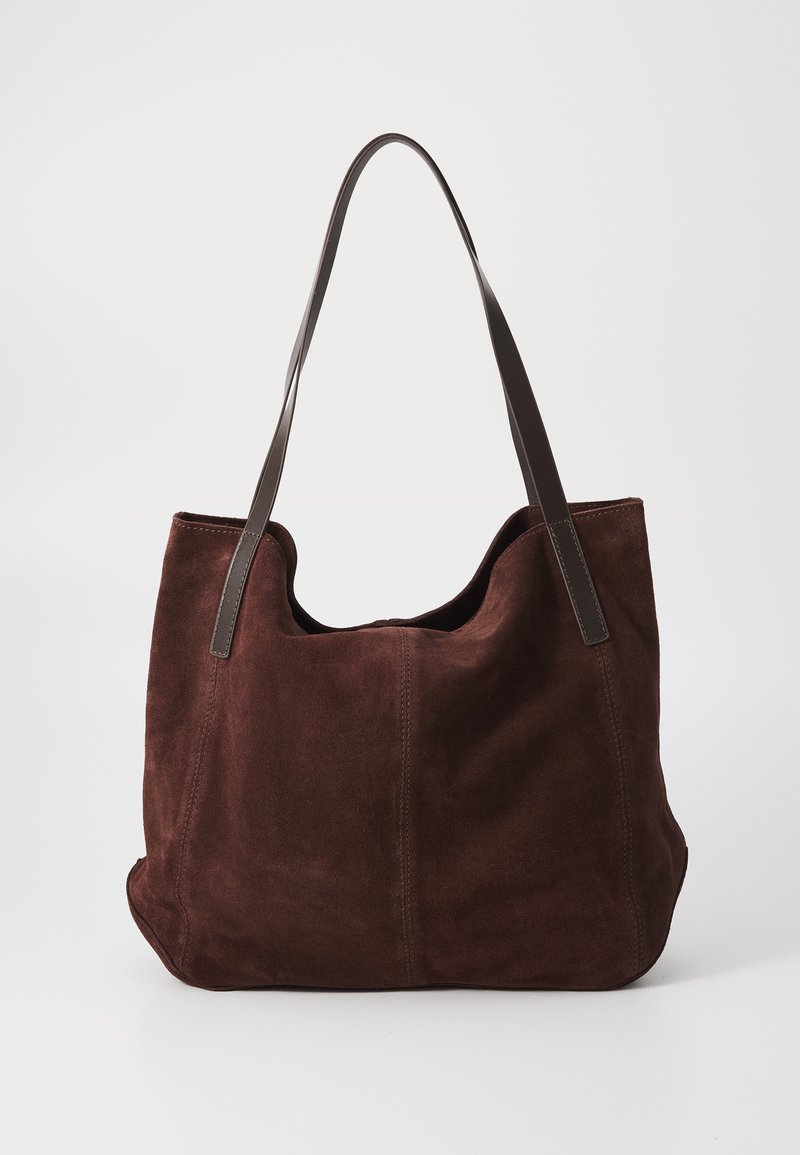 Brown suede tote bag with two dark leather shoulder straps. Soft texture, rounded top, and a roomy interior. No visible hardware or embellishments.