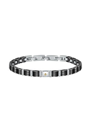 Bracciale nero e argento con una finitura metallica liscia, con link rettangolari alternati e pietre di accento. Presenta un dettagli in oro al centro.