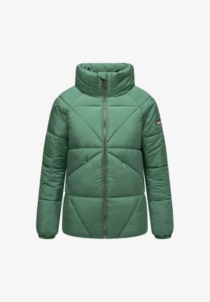 Puffer jacket in forest green, featuring a high collar, front zipper, and geometric quilted design with side pockets.