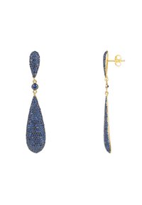 Gold-tone earrings with a teardrop shape, covered in blue gemstones. Features a central round blue stone and textured surface.
