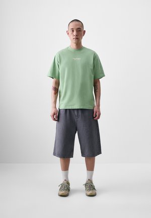 Light green short-sleeve T-shirt with a small logo, paired with gray denim shorts. Worn with white socks and beige sneakers.