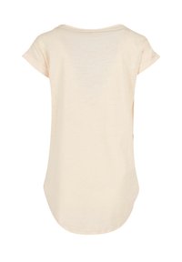 Light beige short-sleeve t-shirt with a rounded neckline, casual fit, and curved hem. Soft texture with a smooth appearance.