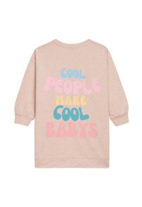 Helles rosa Sweatshirt mit überschnittenen Schultern. Mit buntem Text: "COOLE MENSCHEN MACHEN COOLE BABYS" in Blau, Gelb und Pink. Weicher Stoff.