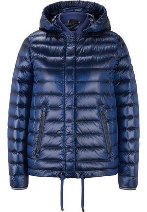 Veste matelassée brillante bleu marine avec capuche, poches zippées à l'avant et cordons de serrage réglables à l'ourlet.