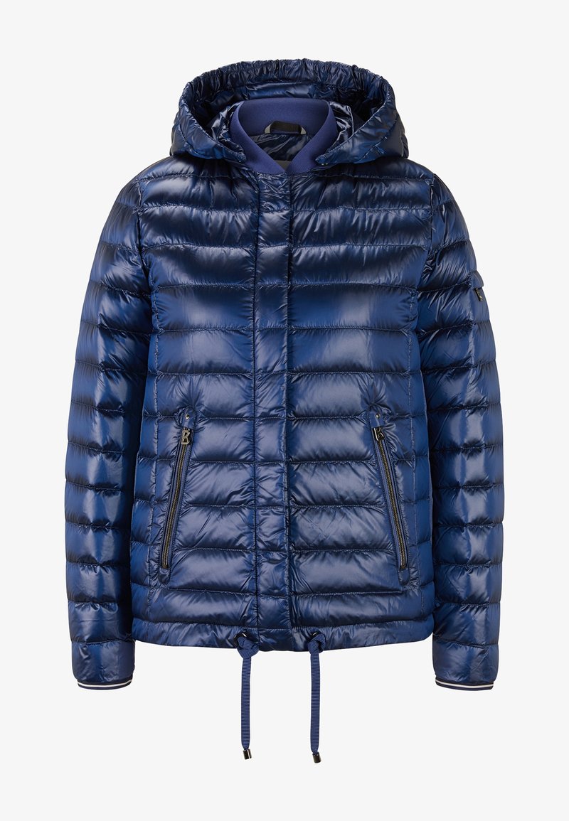 Veste matelassée brillante bleu marine avec capuche, poches zippées à l'avant et cordons de serrage réglables à l'ourlet.
