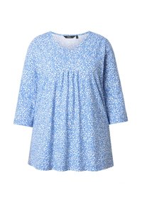 Blauwe tuniek met driekwart mouwen, voorzien van een V-hals en abstract lichtblauw luipaardprint, gemaakt van zachte stof met een losse pasvorm.