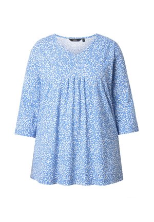 Blauwe tuniek met driekwart mouwen, voorzien van een V-hals en abstract lichtblauw luipaardprint, gemaakt van zachte stof met een losse pasvorm.