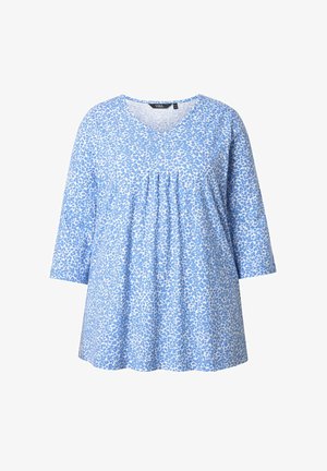 Blaue Tunika mit dreiviertellangen Ärmeln, einem V-Ausschnitt und hellblauem abstraktem Leopardenmuster, hergestellt aus weichem Stoff mit lockerem Schnitt.