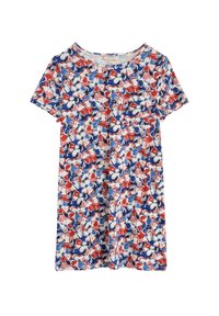 Vestido de manga corta hecho de una tela ligera con un estampado floral en colores rojo, azul y blanco, con un escote redondeado y un ajuste holgado.