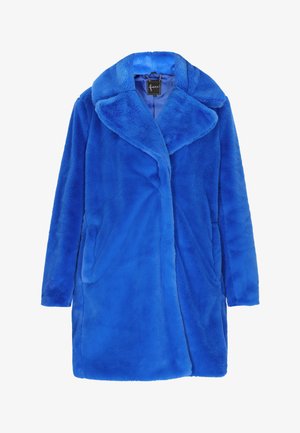 Modrá umelá kožušina s širokým golierom, dlhými rukávmi, bočnými vreckami a hladkým, jemným povrchom. Jednoduchý dizajn, strih po kolená.