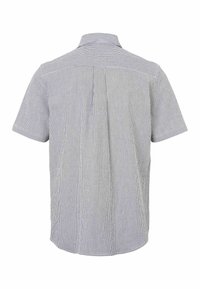 Kreklu ar īsām piedurknēm zilu un baltu vertikālu svītru rakstu, kuram ir klasiskā apkakle, aizmugures pleats un tīrs apdare bez redzamām logo.