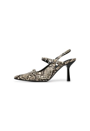 Pointed-toe high heel slingback with double adjustable straps in beige and black snakeskin pattern.