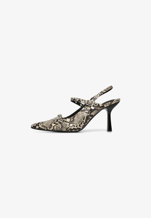 Pointed-toe high heel slingback with double adjustable straps in beige and black snakeskin pattern.