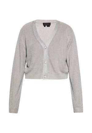 Cardigan argento cropped con un morbido filato testurizzato, scollo a V e tre bottoni nella parte anteriore, dotato di maniche lunghe e polsini a coste.