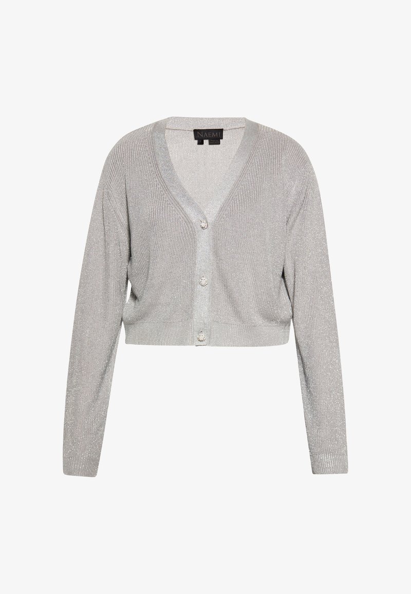 Zkrácený stříbrný kardigan s měkkým, texturálním pletením, V- výstřihem a třemi knoflíky vpředu, který má dlouhé rukávy a žebrované manžety.
