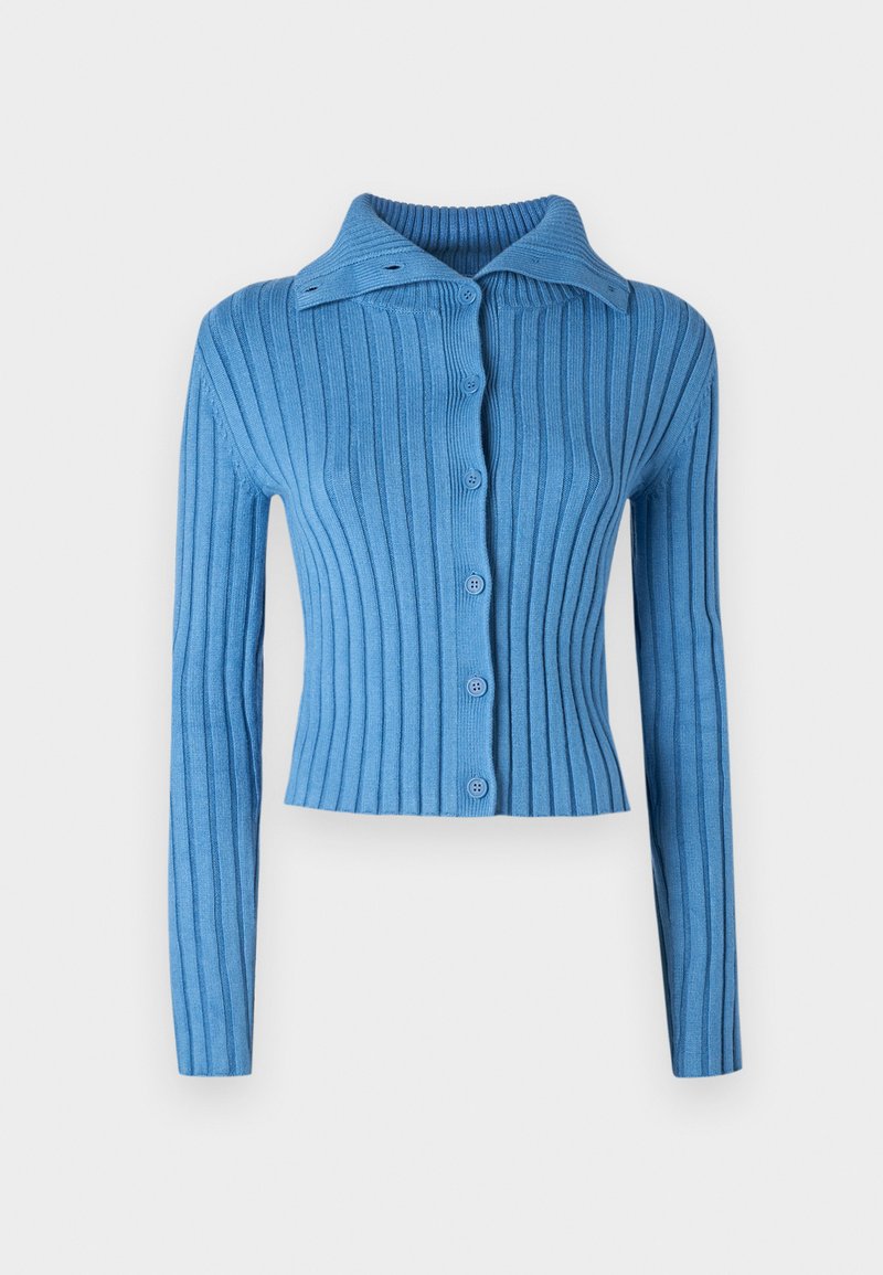 Blauwe geribbelde cardigan met een kraaghals, lange mouwen en een knoopsluiting aan de voorkant. Gelaagd stof met verticale strepen.