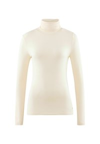 Haut crème à manches longues avec col roulé et silhouette ajustée, présenté sur un fond blanc.
