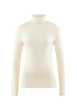 Haut crème à manches longues avec col roulé et silhouette ajustée, présenté sur un fond blanc.