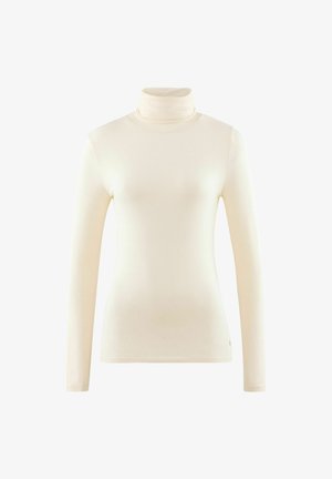 Maglione a collo alto a maniche lunghe di colore crema con una silhouette aderente, presentato su uno sfondo bianco.