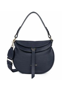 Borsa a tracolla in pelle blu navy con forma curva, texture liscia, chiusura a patta e dettagli in metallo dorato. Dotata di tracolla regolabile.