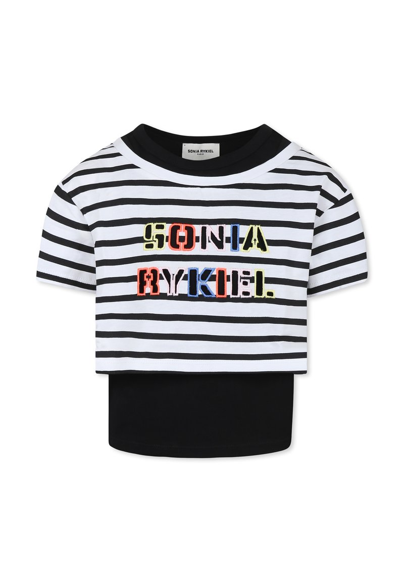 Black and white striped cropped t-shirt with short sleeves and a black bottom section. Features colorful embroidered text "SONIA RYKIEL."