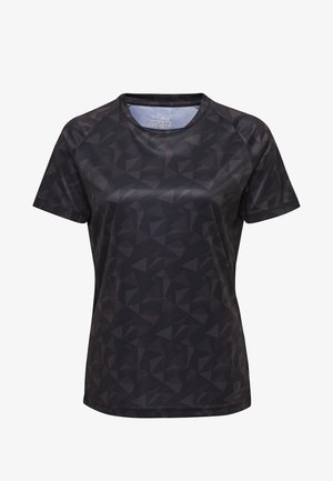 Czarna sportowa koszulka z geometrycznym wzorem, krótkimi rękawami, okrągłym dekoltem oraz lekkim, oddychającym materiałem.