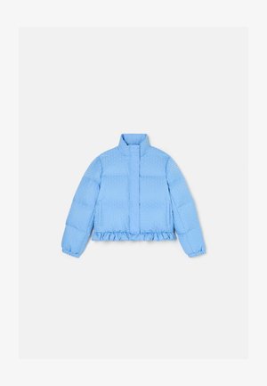 Light blue, cropped puffer jacket featuring a high collar, textured surface, and ruffled hem. Long sleeves and side pockets included.
