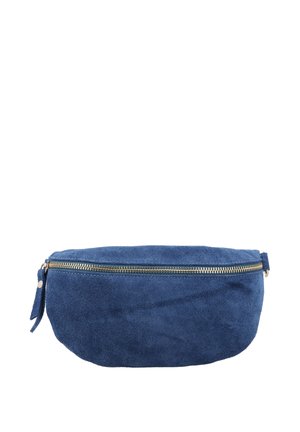 Riñonera de ante azul con cremallera dorada y tirador de cuero sobre fondo blanco, forma rectangular con bordes redondeados.